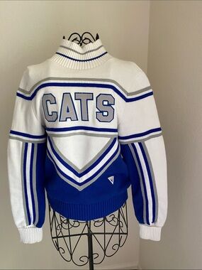 Vintage Varsity White & Royal Blue 'CATS' Funnel Neck Sweater